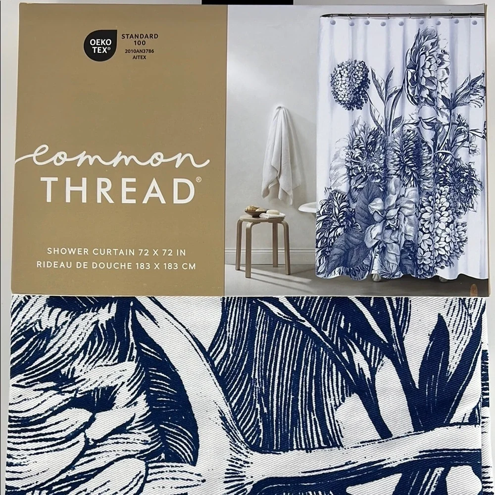 Common Thread Shower Curtain Large Floral Design Blue White 72 x 72 NEW